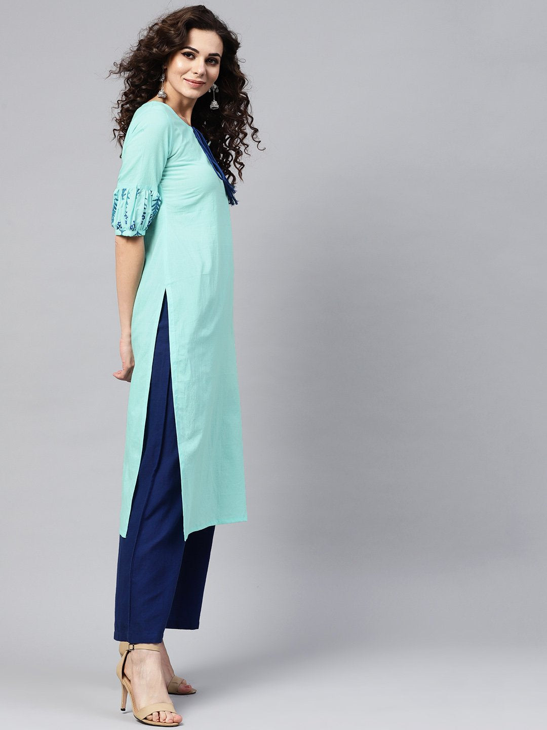Light Blue Straight Kurta With Key Hole Neck & Printed Detailed Sleeves | LASVINI - Redefining Indian Fashion with Elegance
