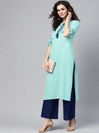 Light Blue Straight Kurta With Key Hole Neck & Printed Detailed Sleeves | LASVINI - Redefining Indian Fashion with Elegance