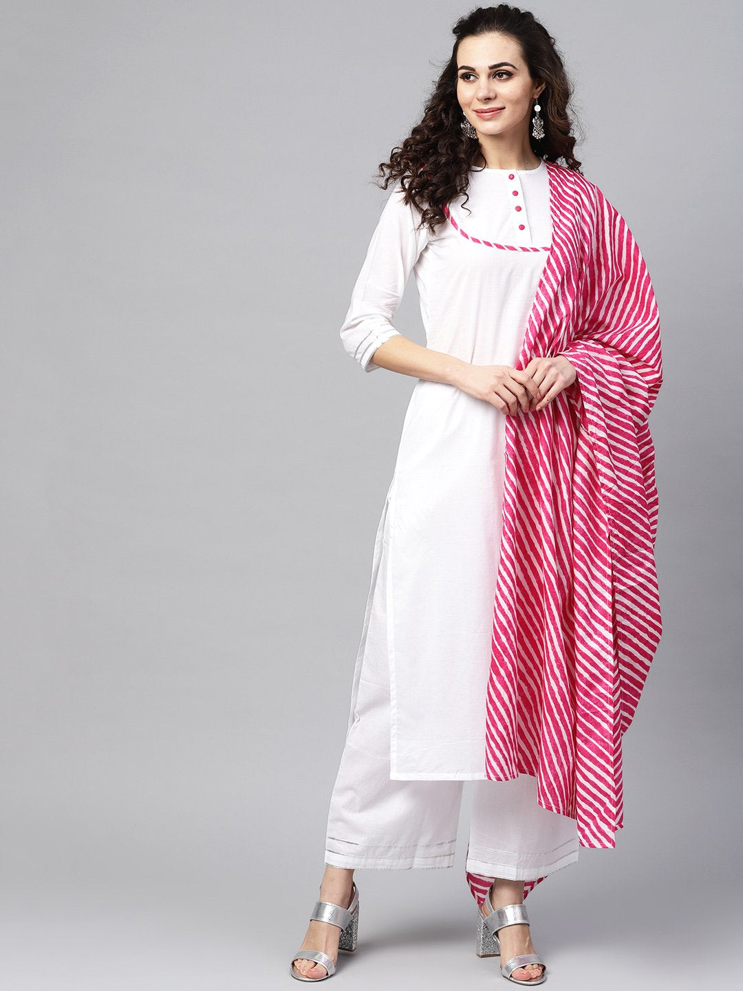 White Kurta Set With Palazzo &  Cotton Megenta Lehriya Dupatta | LASVINI - Redefining Indian Fashion with Elegance