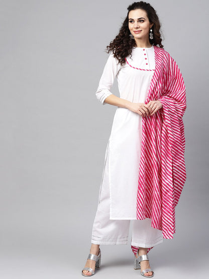 White Kurta Set With Palazzo &  Cotton Megenta Lehriya Dupatta | LASVINI - Redefining Indian Fashion with Elegance