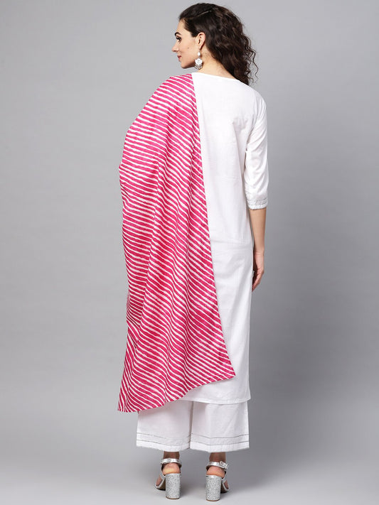 White Kurta Set With Palazzo &  Cotton Megenta Lehriya Dupatta | LASVINI - Redefining Indian Fashion with Elegance