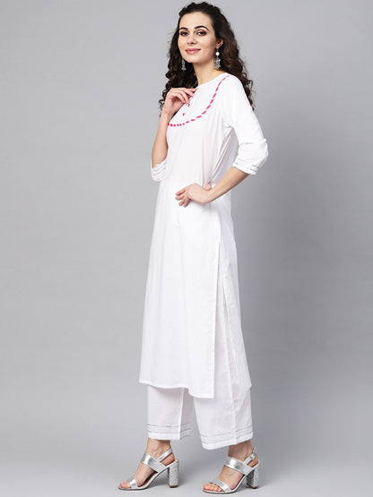 White Kurta Set With Palazzo &  Cotton Megenta Lehriya Dupatta | LASVINI - Redefining Indian Fashion with Elegance
