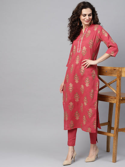 Pink Gold Printed Straight Kurta Set & Pants Embellished With Gotta | LASVINI - Redefining Indian Fashion with Elegance