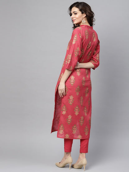 Pink Gold Printed Straight Kurta Set & Pants Embellished With Gotta | LASVINI - Redefining Indian Fashion with Elegance