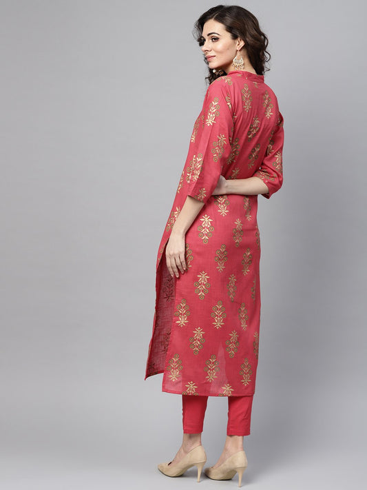 Pink Gold Printed Straight Kurta Set & Pants Embellished With Gotta | LASVINI - Redefining Indian Fashion with Elegance