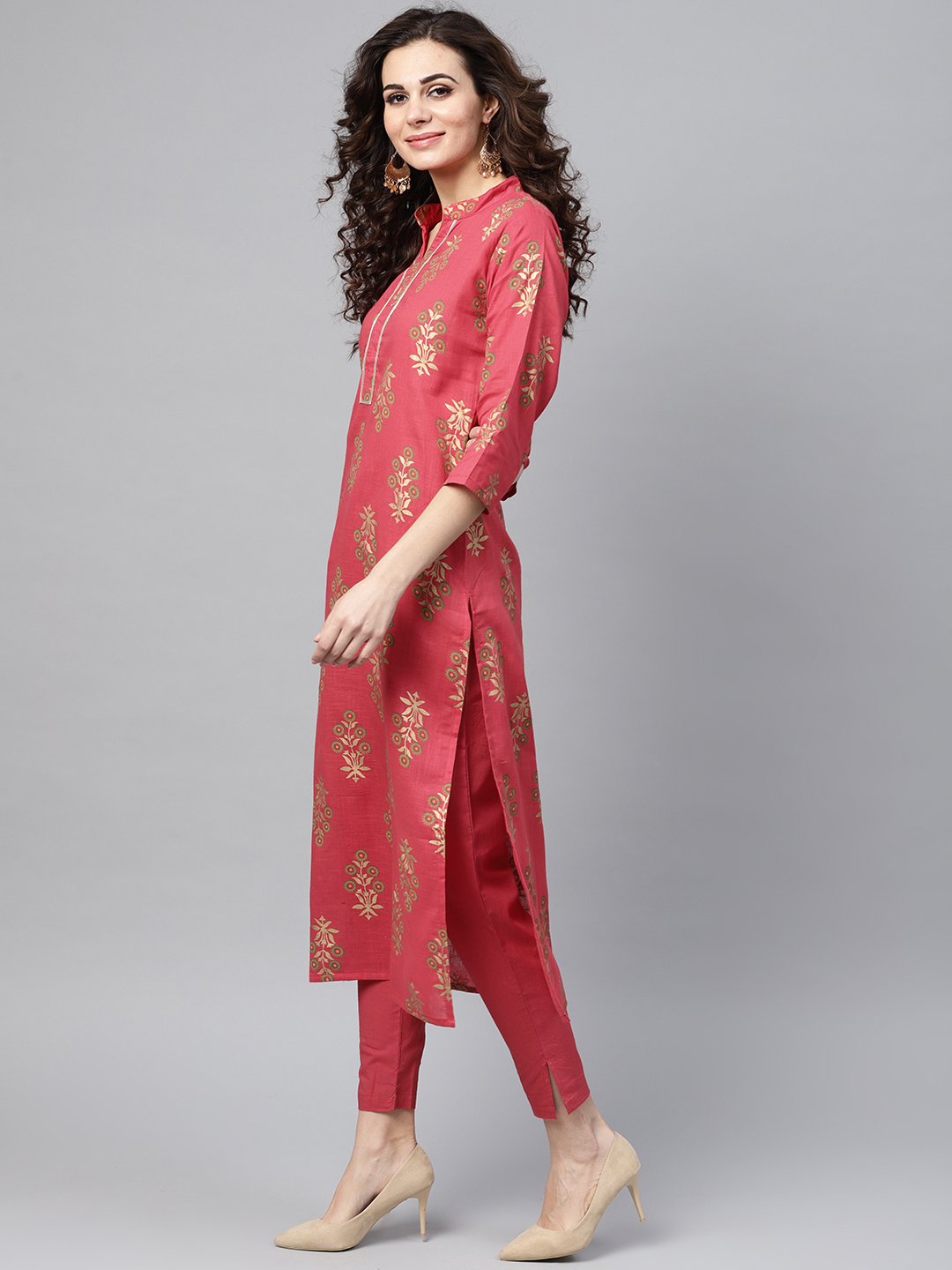 Pink Gold Printed Straight Kurta Set & Pants Embellished With Gotta | LASVINI - Redefining Indian Fashion with Elegance