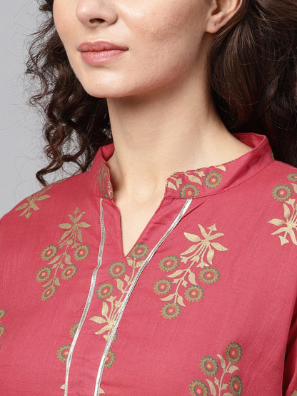 Pink Gold Printed Straight Kurta Set & Pants Embellished With Gotta | LASVINI - Redefining Indian Fashion with Elegance