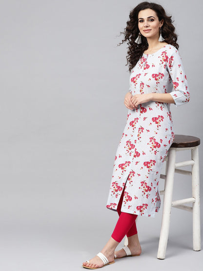 Powder Blue Floral Printed Kurta With Front Placket & Multiple Slits | LASVINI - Redefining Indian Fashion with Elegance