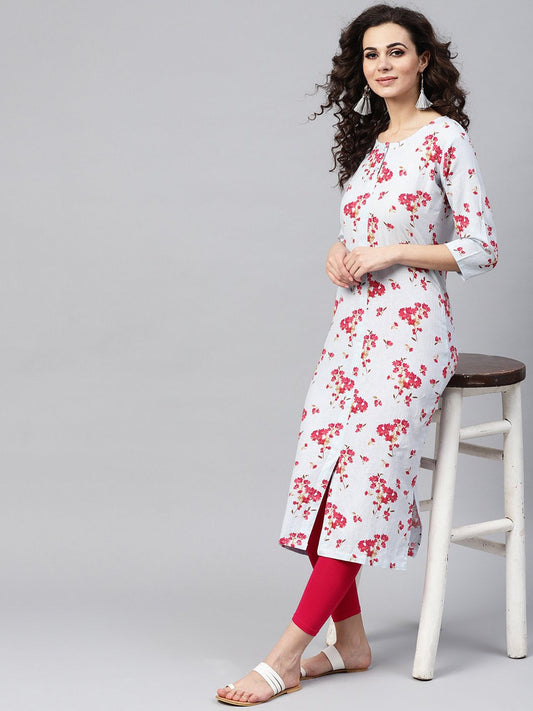 Powder Blue Floral Printed Kurta With Front Placket & Multiple Slits | LASVINI - Redefining Indian Fashion with Elegance