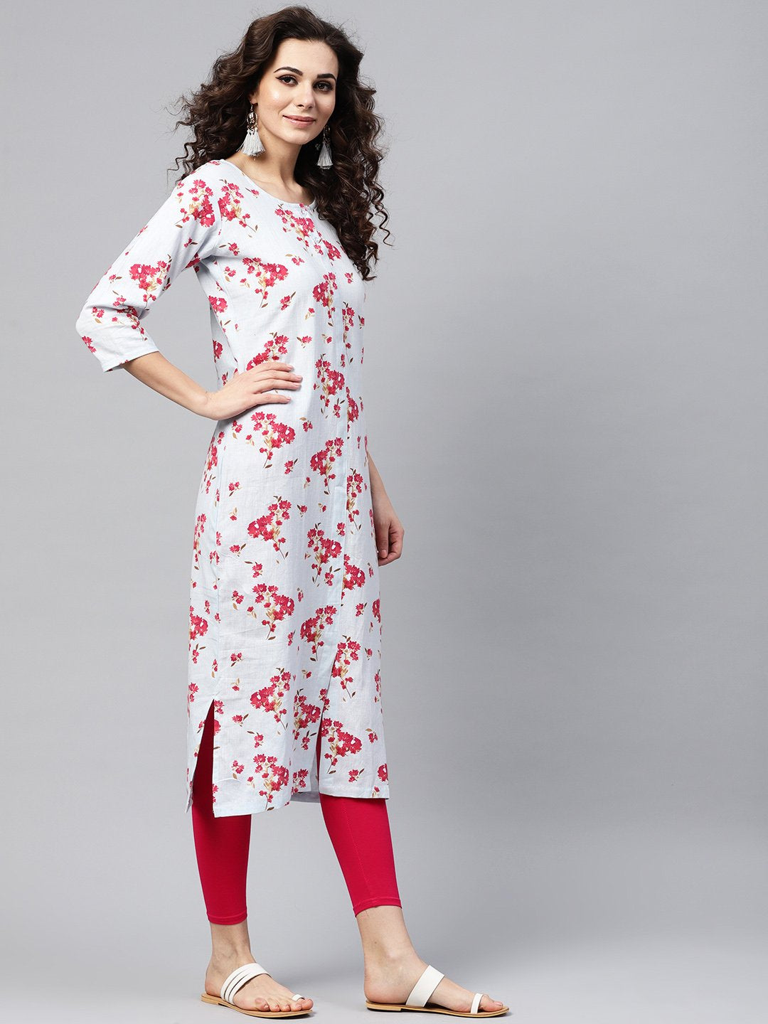 Powder Blue Floral Printed Kurta With Front Placket & Multiple Slits | LASVINI - Redefining Indian Fashion with Elegance