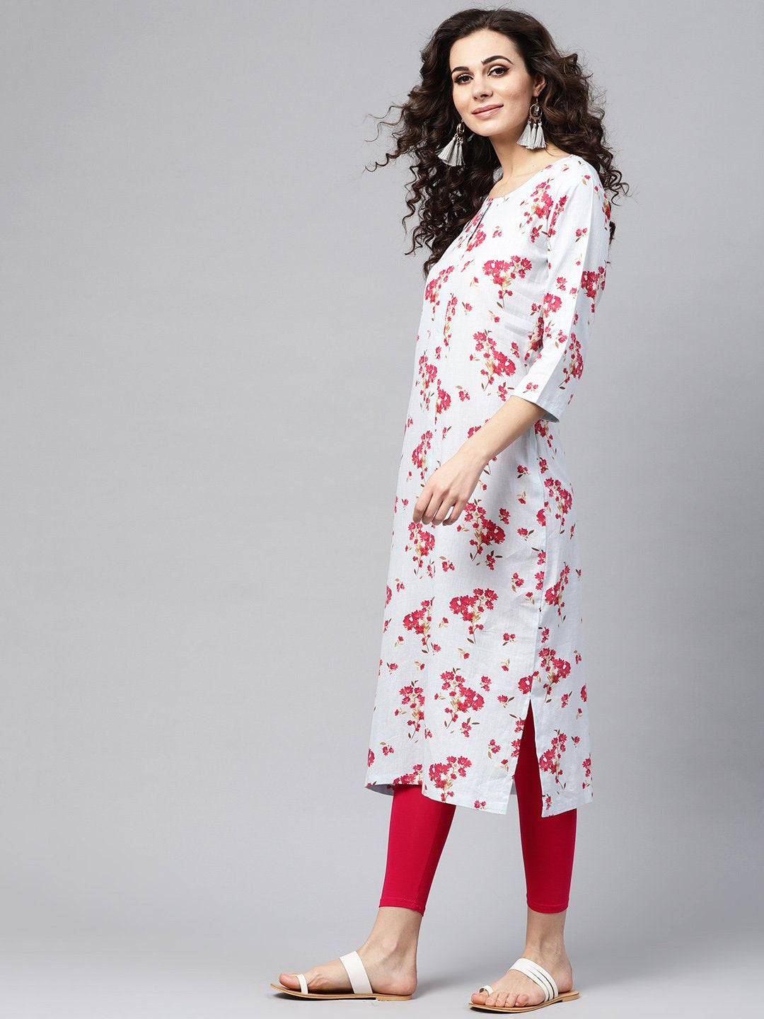 Powder Blue Floral Printed Kurta With Front Placket & Multiple Slits | LASVINI - Redefining Indian Fashion with Elegance