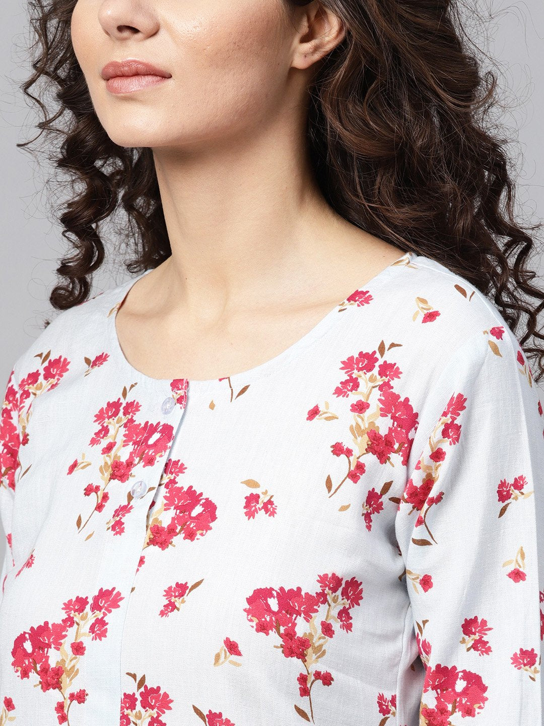 Powder Blue Floral Printed Kurta With Front Placket & Multiple Slits | LASVINI - Redefining Indian Fashion with Elegance