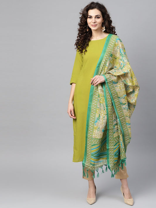 Solid Green Kurta Set With Beige Pant & Bhagalpuri Printed Dupatta | LASVINI - Redefining Indian Fashion with Elegance
