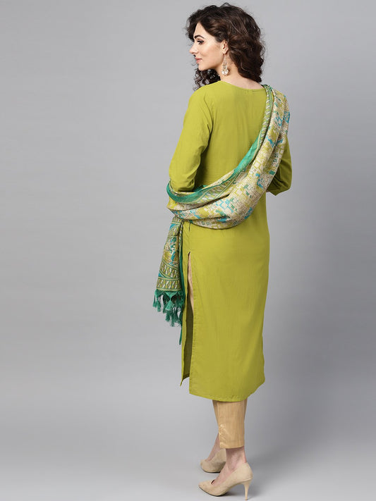 Solid Green Kurta Set With Beige Pant & Bhagalpuri Printed Dupatta | LASVINI - Redefining Indian Fashion with Elegance