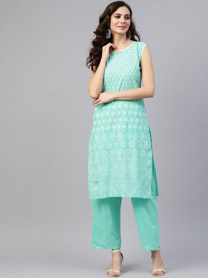 Sky Blue Sleeveless Printed Kurta Set With Solid Pants | LASVINI - Redefining Indian Fashion with Elegance
