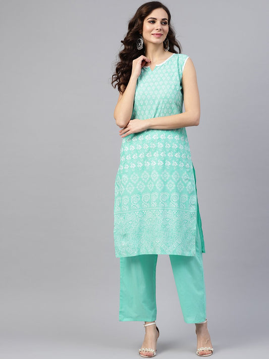 Sky Blue Sleeveless Printed Kurta Set With Solid Pants | LASVINI - Redefining Indian Fashion with Elegance