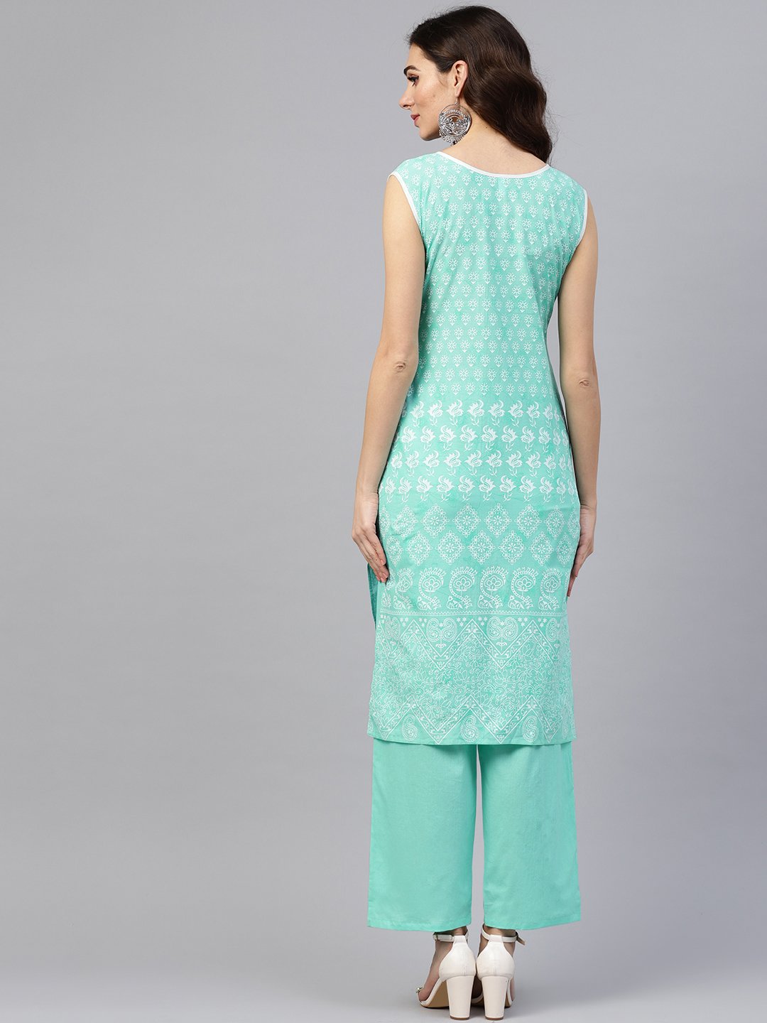 Sky Blue Sleeveless Printed Kurta Set With Solid Pants | LASVINI - Redefining Indian Fashion with Elegance