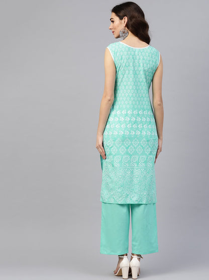 Sky Blue Sleeveless Printed Kurta Set With Solid Pants | LASVINI - Redefining Indian Fashion with Elegance