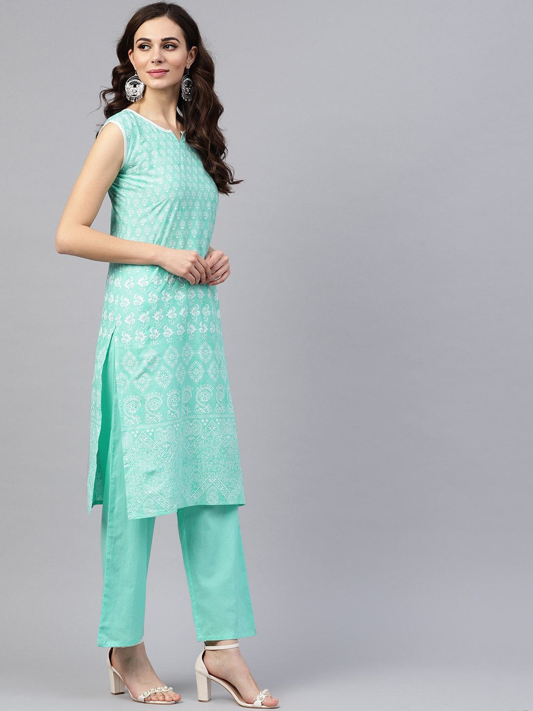 Sky Blue Sleeveless Printed Kurta Set With Solid Pants | LASVINI - Redefining Indian Fashion with Elegance