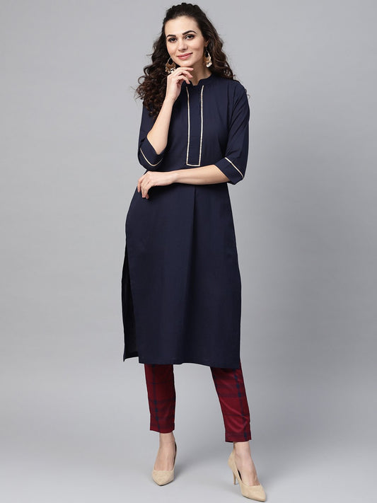 Navy Blue Solid Straight Kurta Set With Checked Pants | LASVINI - Redefining Indian Fashion with Elegance