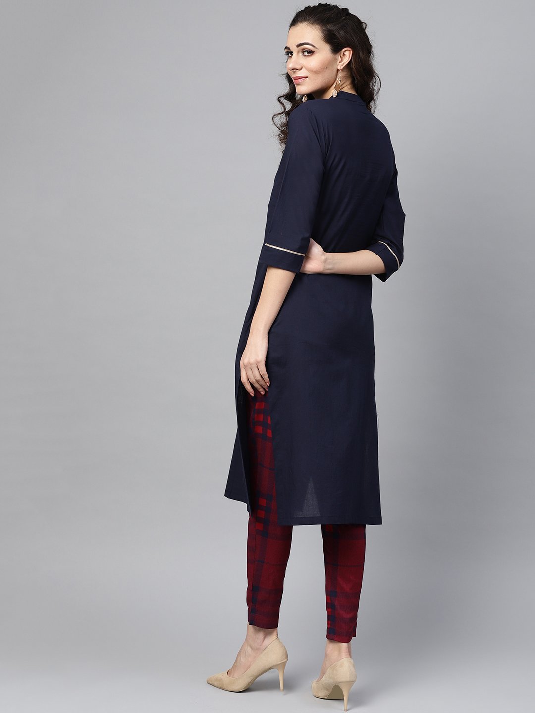Navy Blue Solid Straight Kurta Set With Checked Pants | LASVINI - Redefining Indian Fashion with Elegance