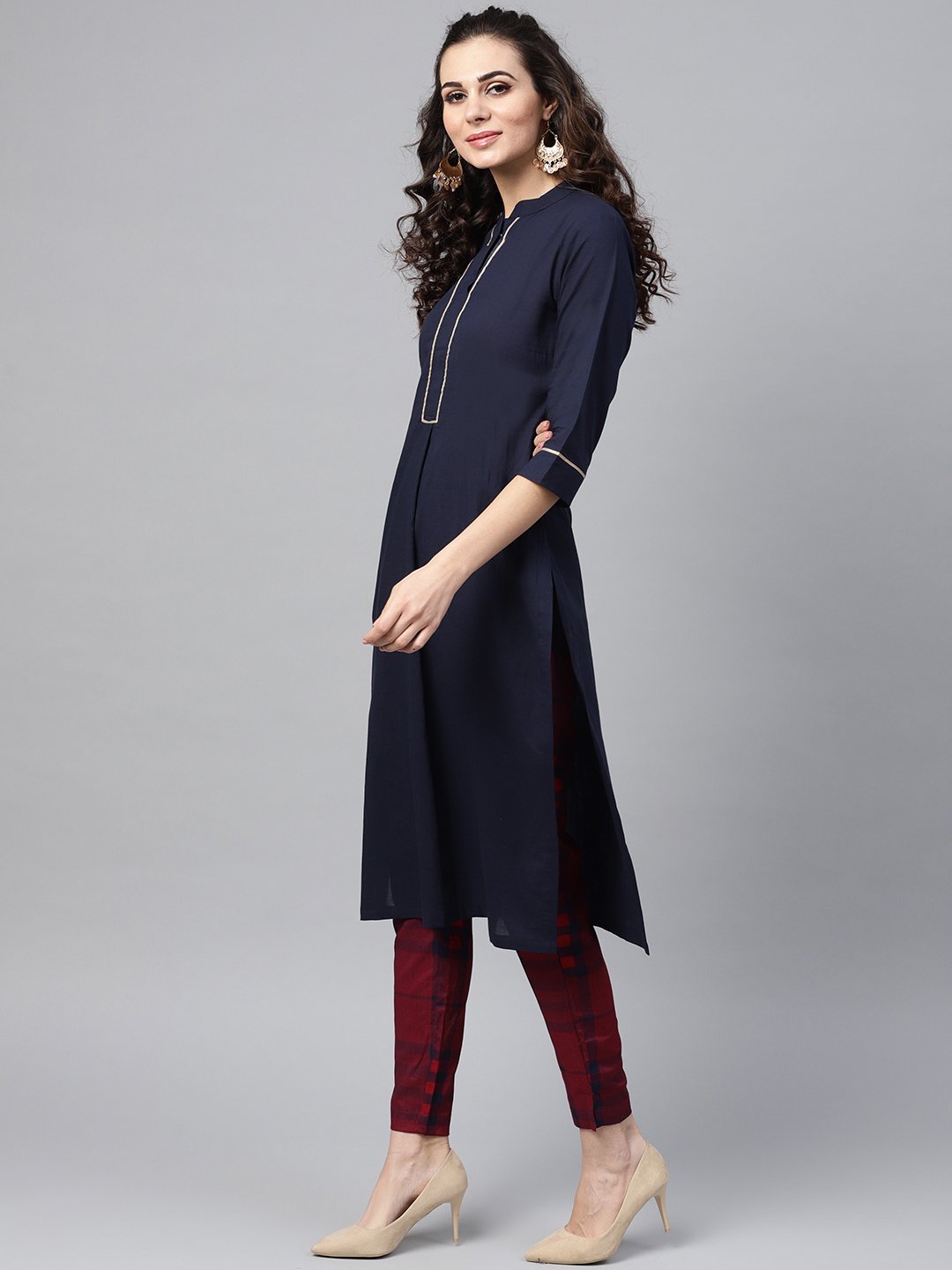 Navy Blue Solid Straight Kurta Set With Checked Pants | LASVINI - Redefining Indian Fashion with Elegance