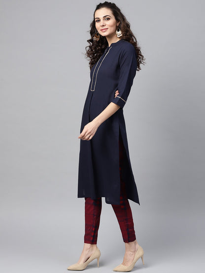 Navy Blue Solid Straight Kurta Set With Checked Pants | LASVINI - Redefining Indian Fashion with Elegance