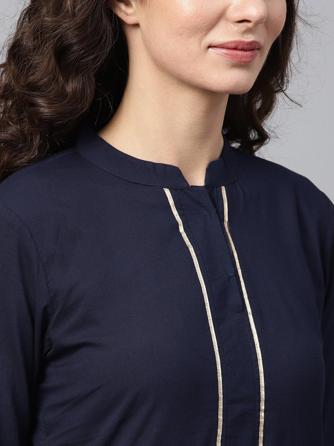 Navy Blue Solid Straight Kurta Set With Checked Pants | LASVINI - Redefining Indian Fashion with Elegance