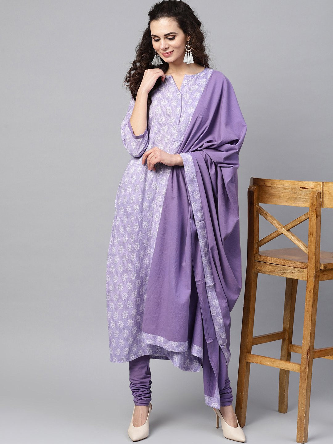 Purple & White Printed Staright Kurta Set With Solid Churidar & Mull Dupatta | LASVINI - Redefining Indian Fashion with Elegance