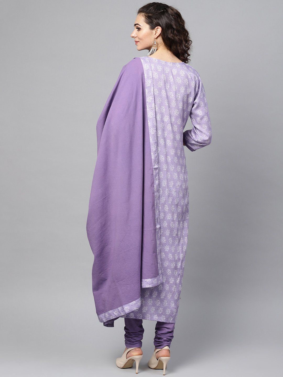 Purple & White Printed Staright Kurta Set With Solid Churidar & Mull Dupatta | LASVINI - Redefining Indian Fashion with Elegance