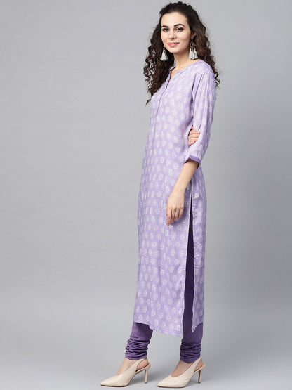 Purple & White Printed Staright Kurta Set With Solid Churidar & Mull Dupatta | LASVINI - Redefining Indian Fashion with Elegance