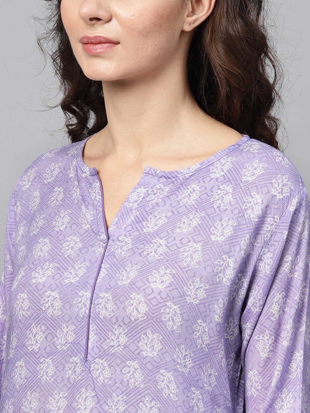 Purple & White Printed Staright Kurta Set With Solid Churidar & Mull Dupatta | LASVINI - Redefining Indian Fashion with Elegance
