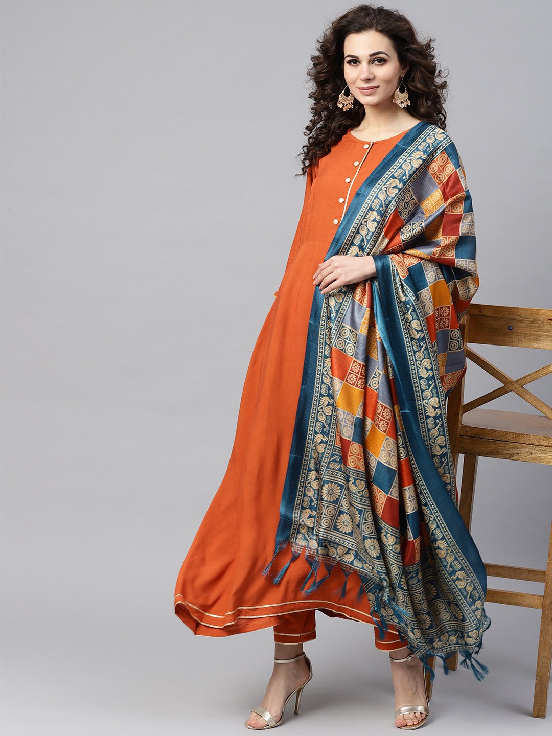 Rust Orange A-Line Kurta Set With Pants & Bhagalpuri Printed Dupatta | LASVINI - Redefining Indian Fashion with Elegance