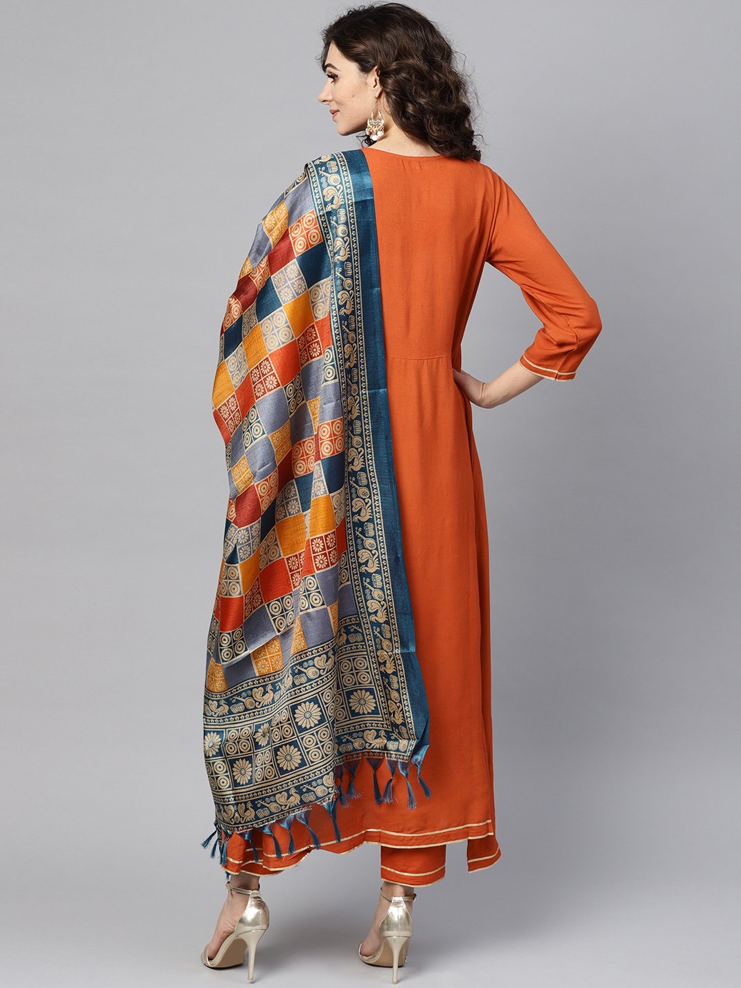 Rust Orange A-Line Kurta Set With Pants & Bhagalpuri Printed Dupatta | LASVINI - Redefining Indian Fashion with Elegance