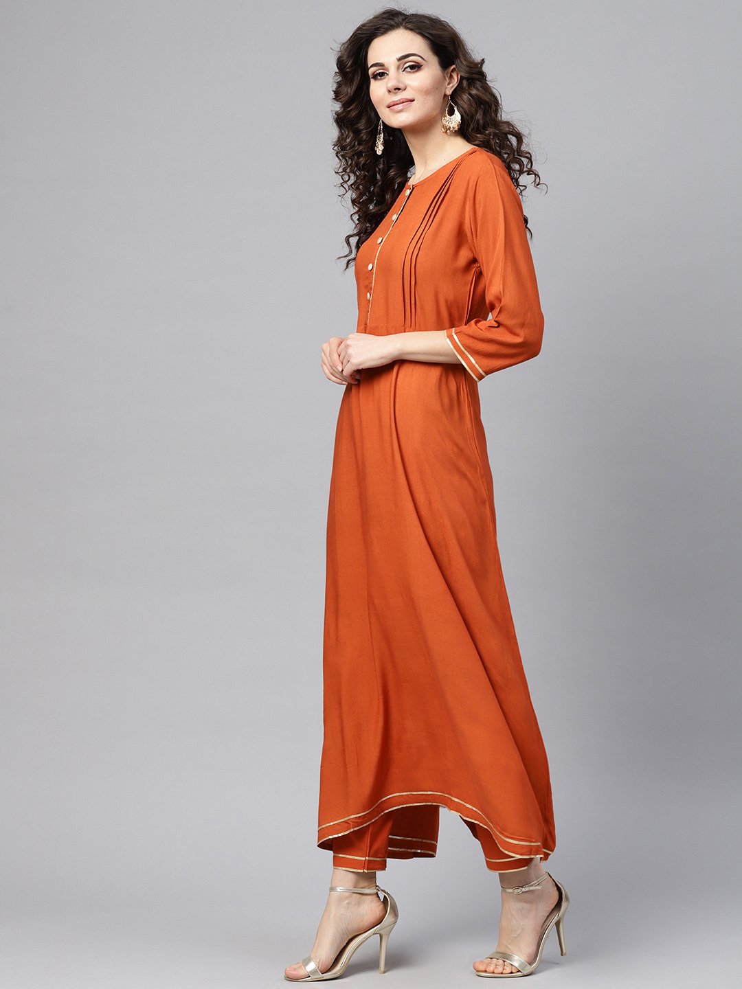 Rust Orange A-Line Kurta Set With Pants & Bhagalpuri Printed Dupatta | LASVINI - Redefining Indian Fashion with Elegance