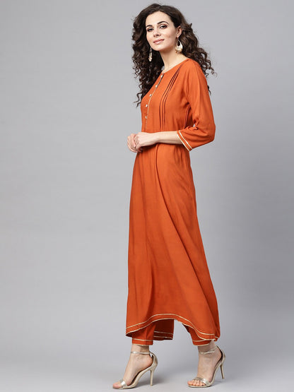 Rust Orange A-Line Kurta Set With Pants & Bhagalpuri Printed Dupatta | LASVINI - Redefining Indian Fashion with Elegance