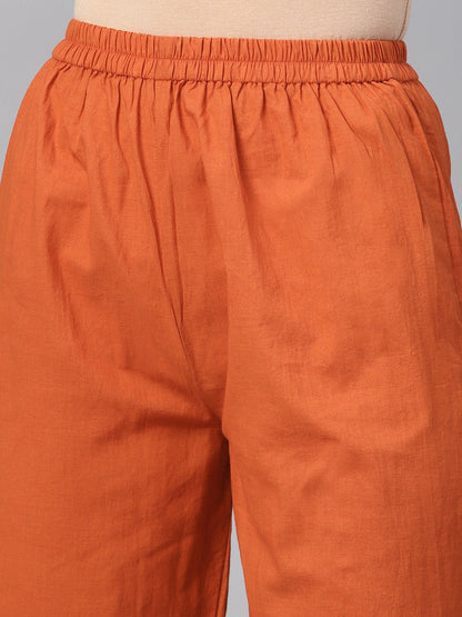 Rust Orange A-Line Kurta Set With Pants & Bhagalpuri Printed Dupatta | LASVINI - Redefining Indian Fashion with Elegance