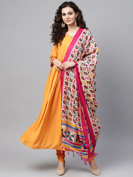 Solid Mustard Angrakha Kurta Set With Churidar & Multi Colored Dupatta | LASVINI - Redefining Indian Fashion with Elegance