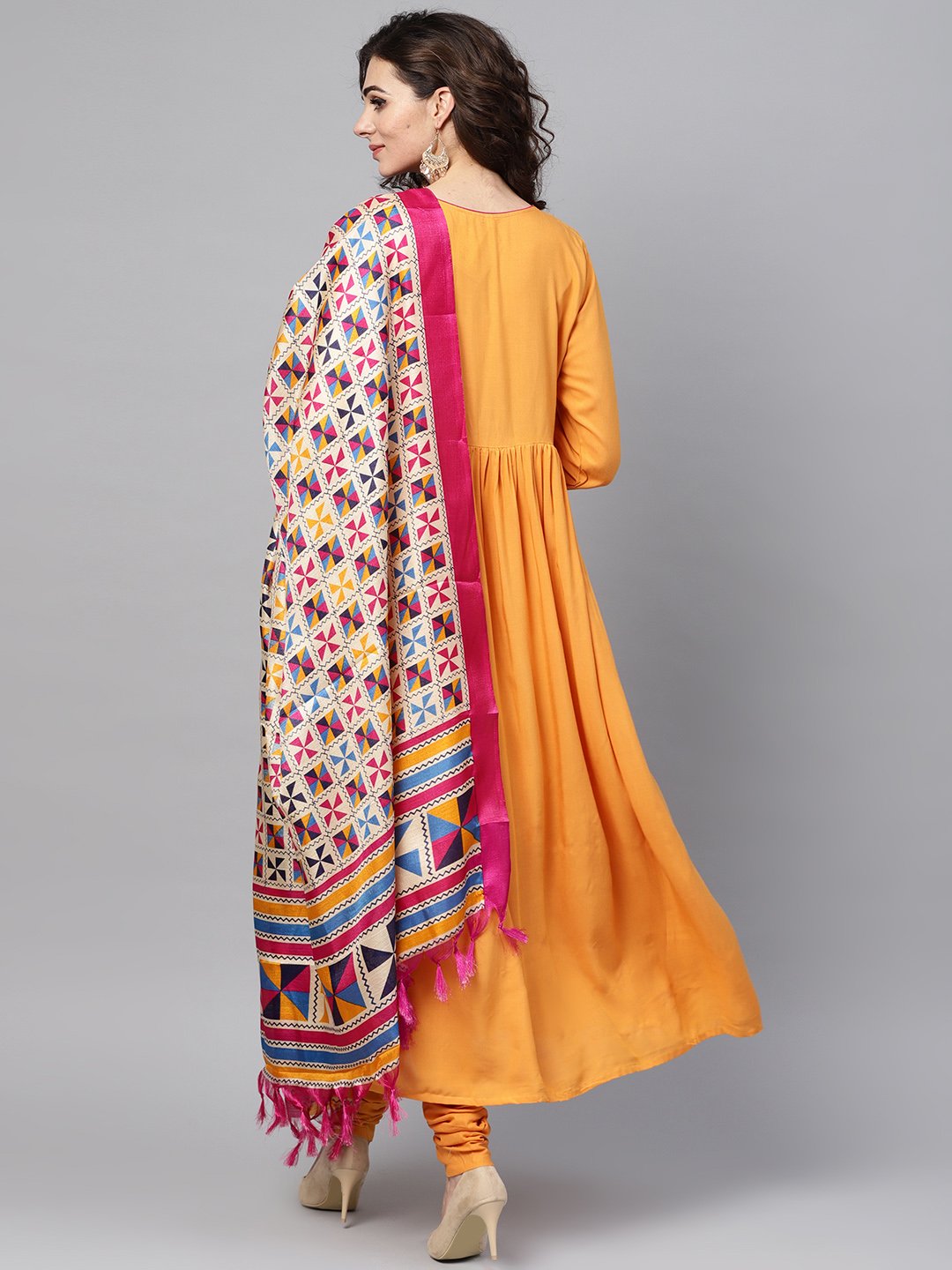 Solid Mustard Angrakha Kurta Set With Churidar & Multi Colored Dupatta | LASVINI - Redefining Indian Fashion with Elegance