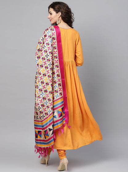 Solid Mustard Angrakha Kurta Set With Churidar & Multi Colored Dupatta | LASVINI - Redefining Indian Fashion with Elegance
