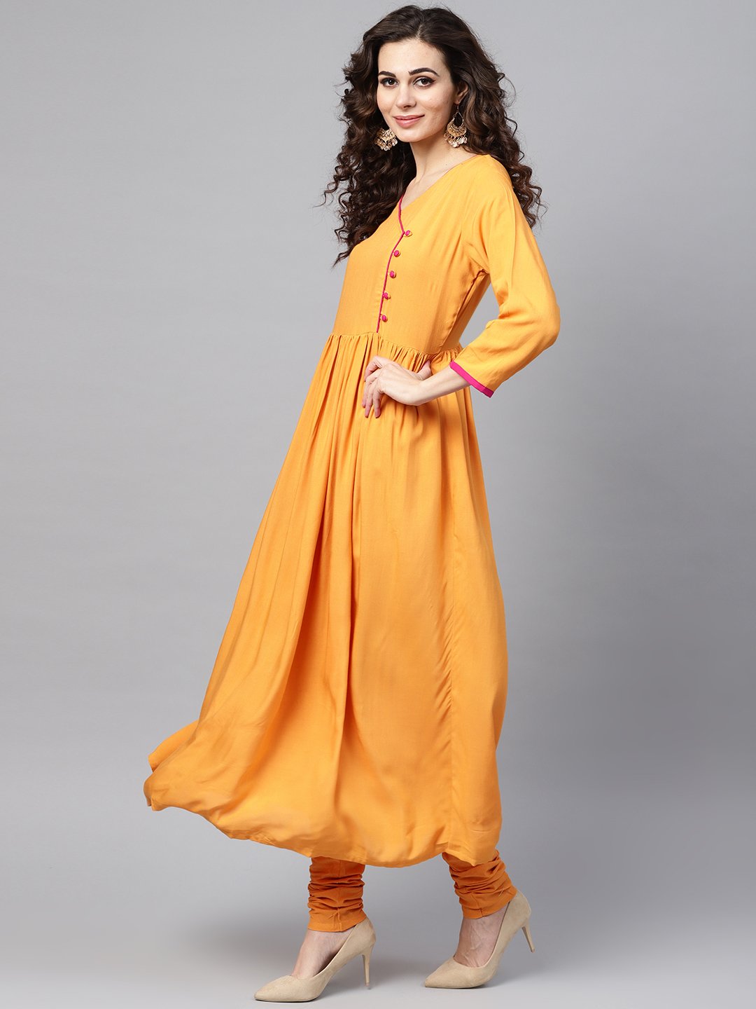Solid Mustard Angrakha Kurta Set With Churidar & Multi Colored Dupatta | LASVINI - Redefining Indian Fashion with Elegance