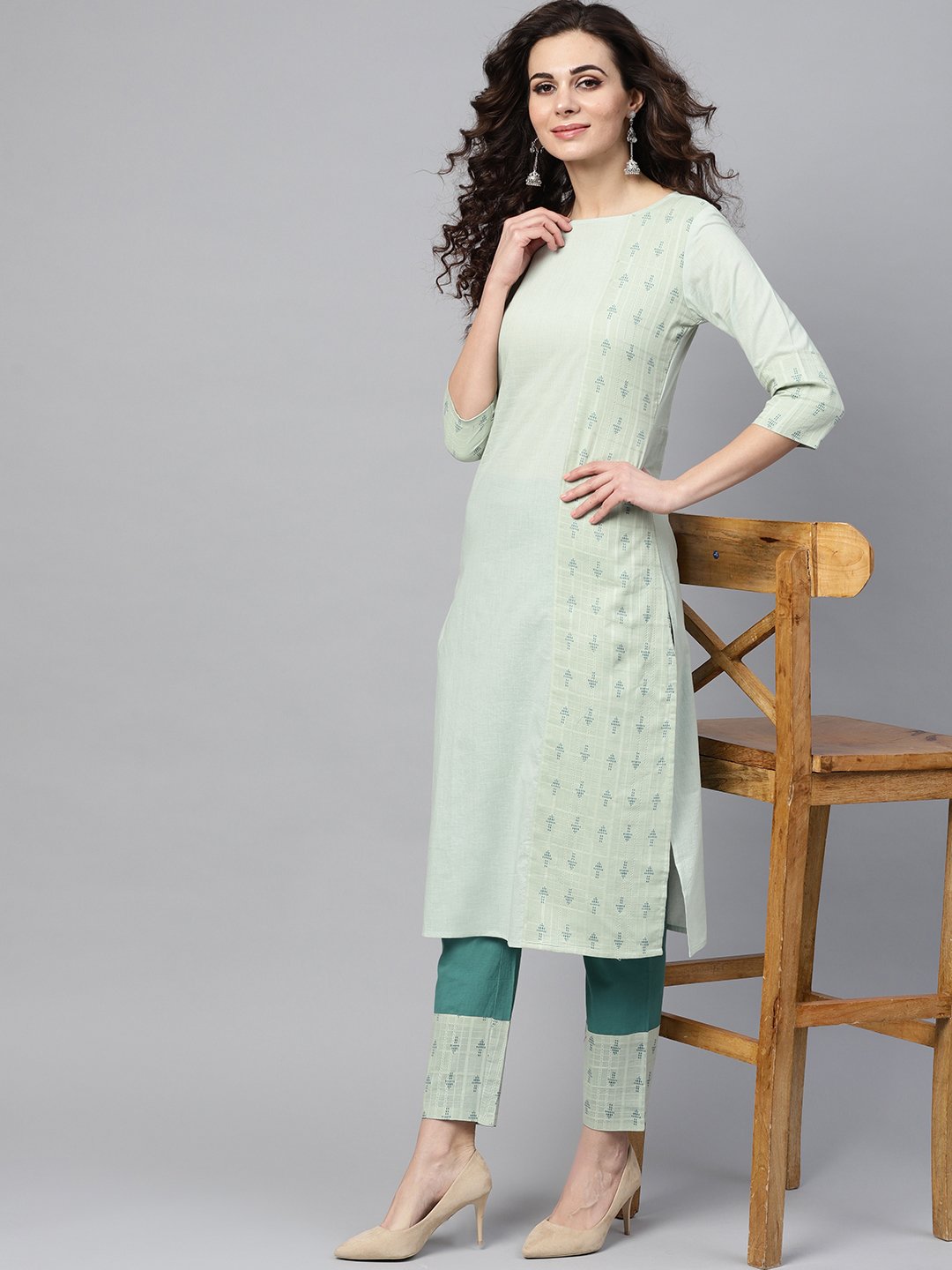 Pastel Green Straight Kurta Set With Solid Teal Green Pants & Dobby Printed Detailing | LASVINI - Redefining Indian Fashion with Elegance