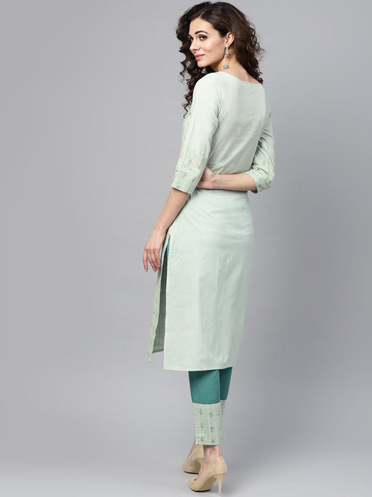 Pastel Green Straight Kurta Set With Solid Teal Green Pants & Dobby Printed Detailing | LASVINI - Redefining Indian Fashion with Elegance