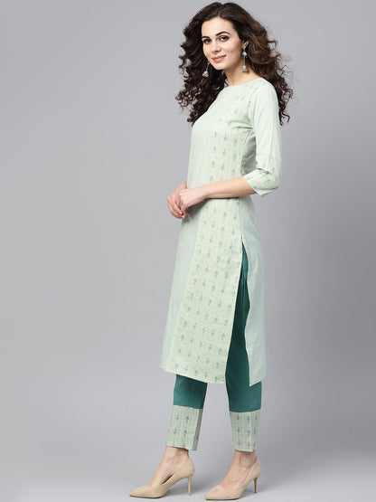 Pastel Green Straight Kurta Set With Solid Teal Green Pants & Dobby Printed Detailing | LASVINI - Redefining Indian Fashion with Elegance