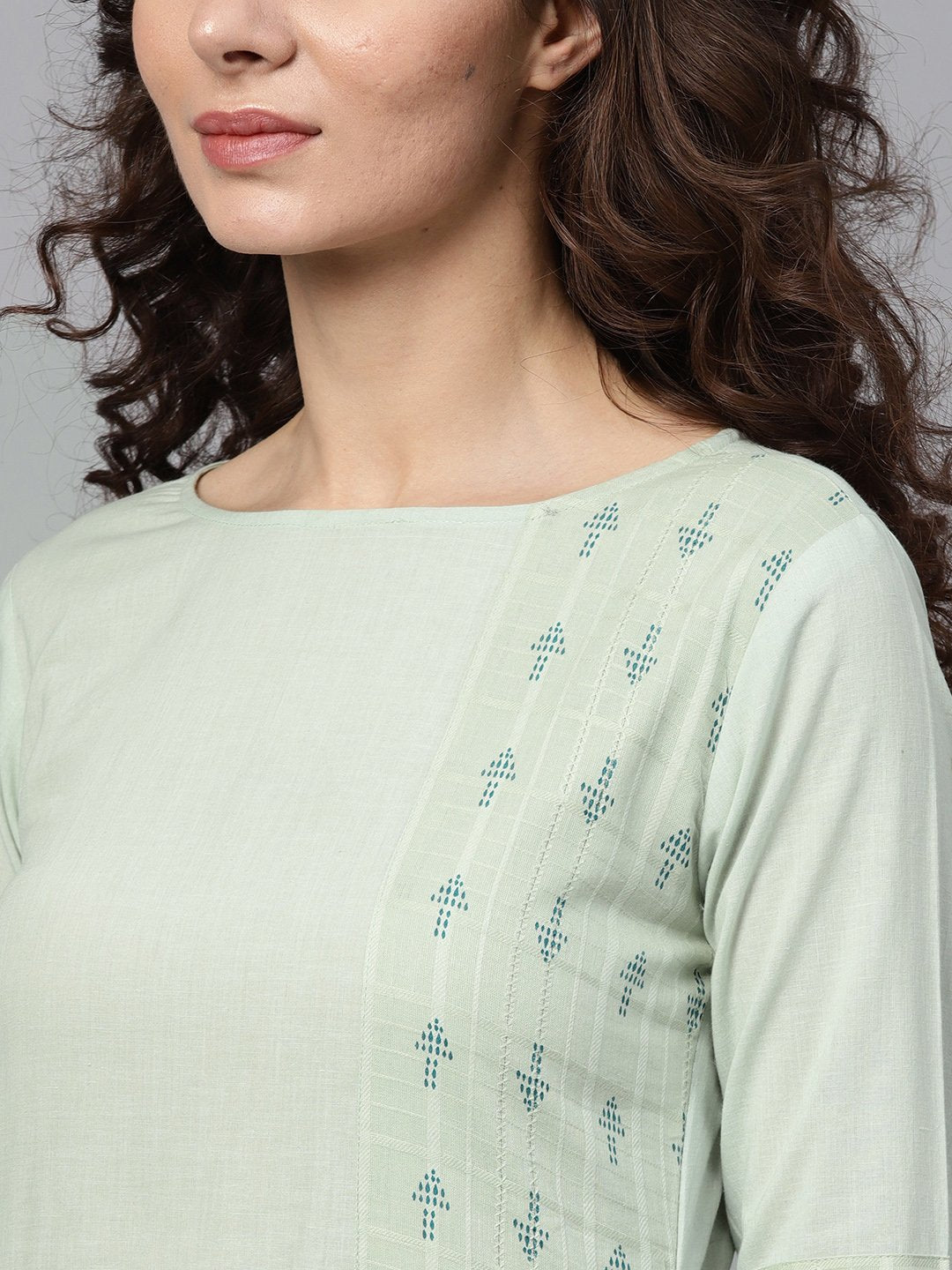Pastel Green Straight Kurta Set With Solid Teal Green Pants & Dobby Printed Detailing | LASVINI - Redefining Indian Fashion with Elegance