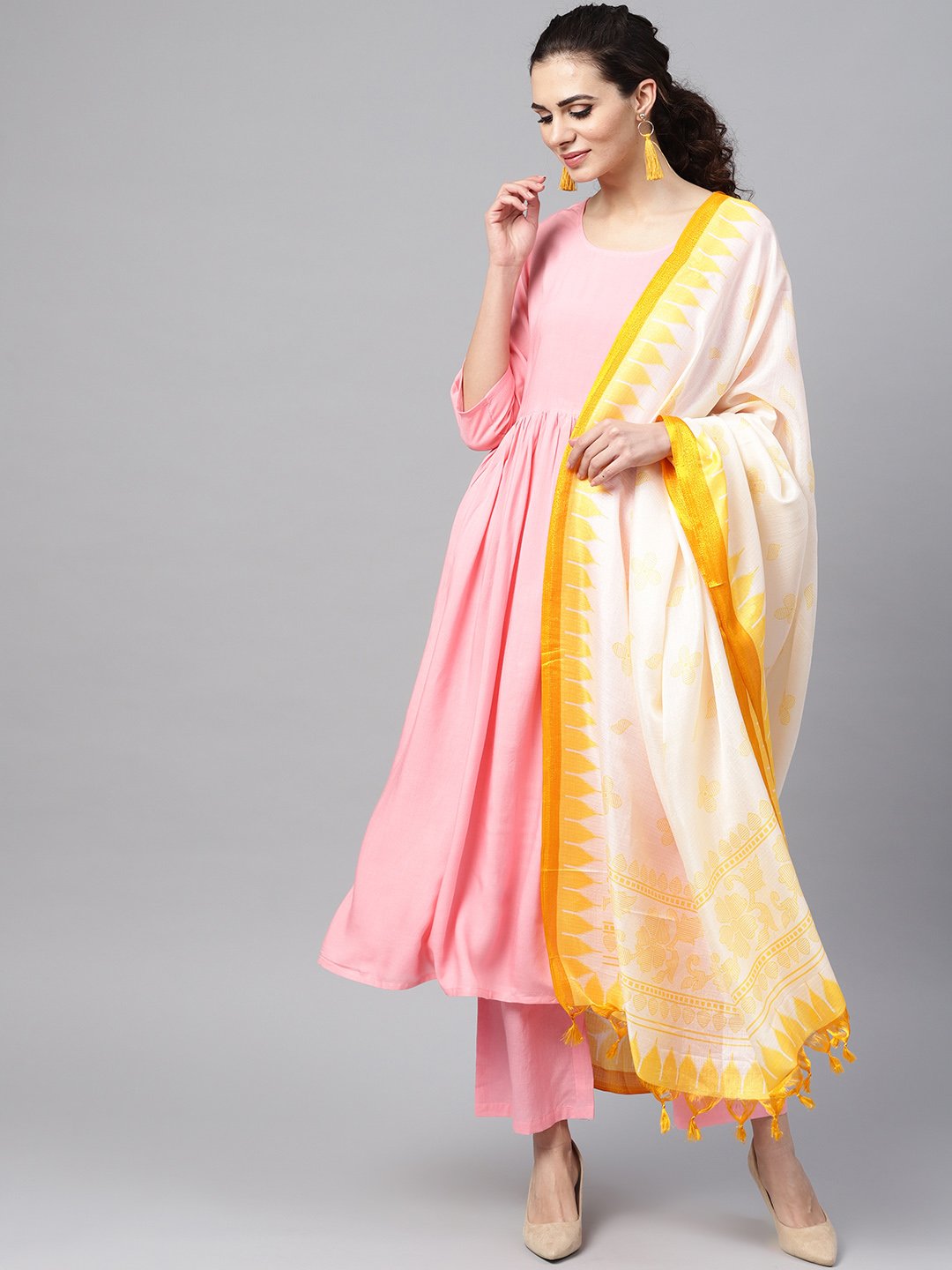 Solid Pink Anarkali Kurta With Palazzo & Bhagalpuri Dupatta | LASVINI - Redefining Indian Fashion with Elegance