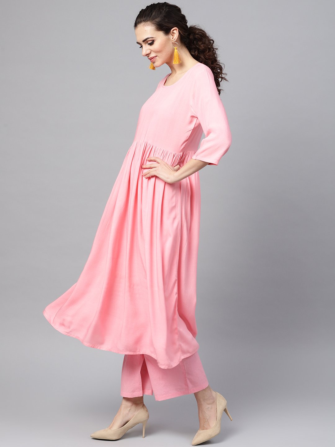 Solid Pink Anarkali Kurta With Palazzo & Bhagalpuri Dupatta | LASVINI - Redefining Indian Fashion with Elegance