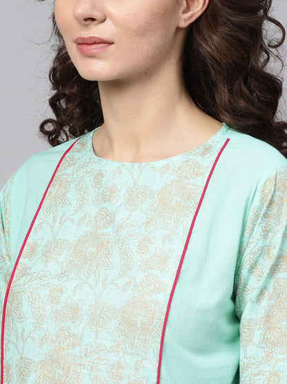 Pastel Green Dress With Front Gold Printed Yoke & 3/4 Sleeves | LASVINI - Redefining Indian Fashion with Elegance