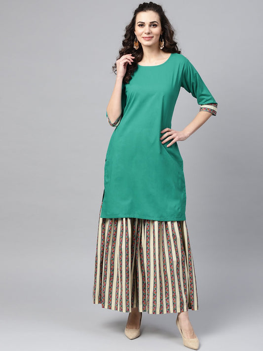 Solid Green Kurta Set With Geometric Printed Sharara | LASVINI - Redefining Indian Fashion with Elegance
