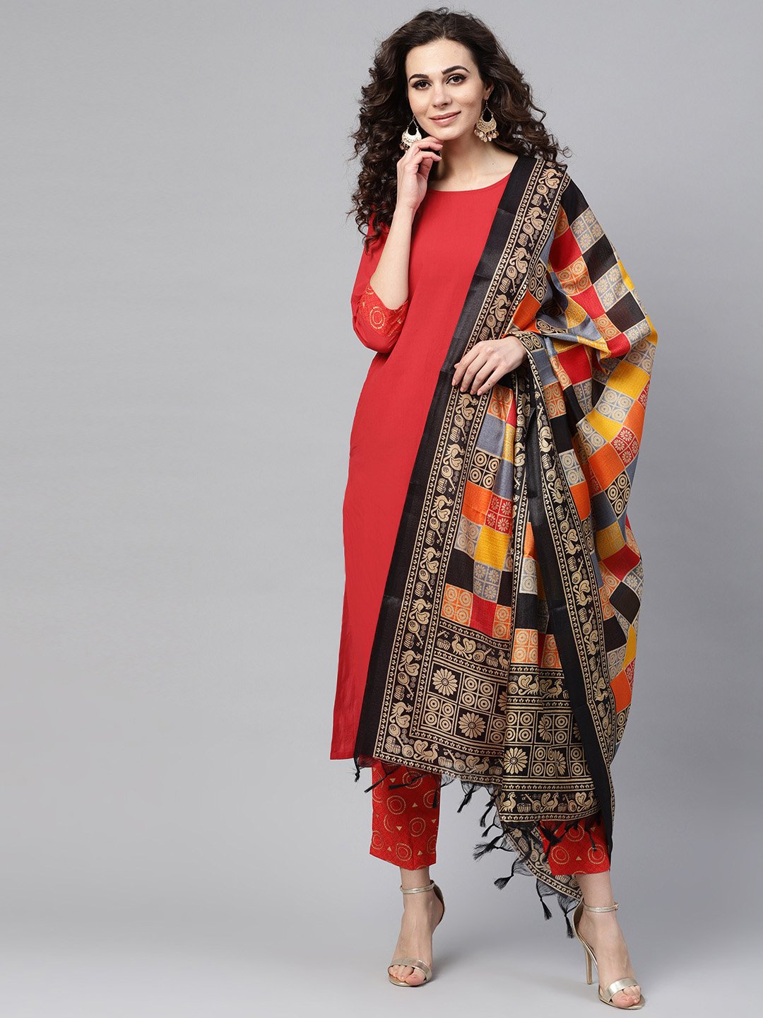 Solid Red Kurta Set With Gold Printed Pants With Multi Colored Bhagalpuri Dupatta | LASVINI - Redefining Indian Fashion with Elegance